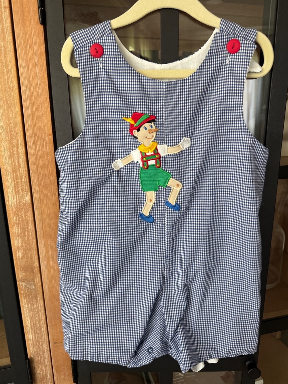 Vintage Pinocchio Applique shortall Jon Jon romper gingham embroidered toddler